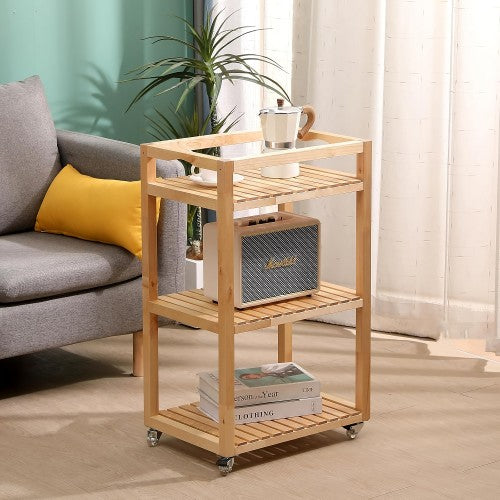 3 Tier Rolling Storage Shelf, Solid Wood Utility Cart with Wheels for Home, Living Room, Bathroom, Kitchen