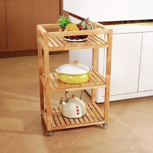 3 Tier Rolling Storage Shelf, Solid Wood Utility Cart with Wheels for Home, Living Room, Bathroom, Kitchen