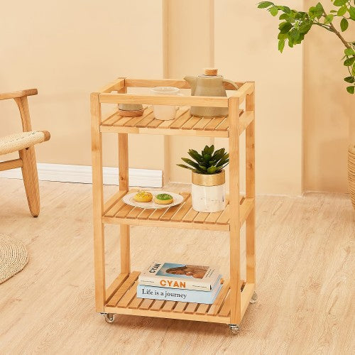 3 Tier Rolling Storage Shelf, Solid Wood Utility Cart with Wheels for Home, Living Room, Bathroom, Kitchen