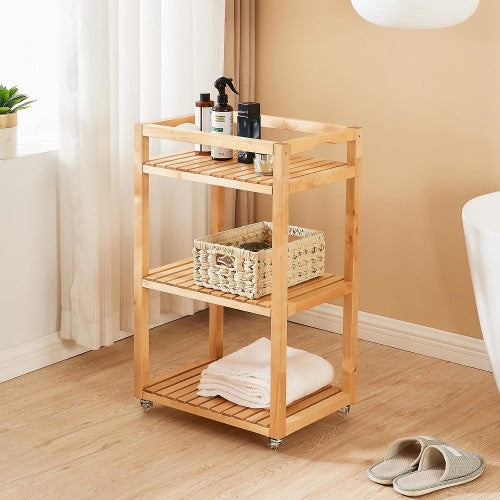 3 Tier Rolling Storage Shelf, Solid Wood Utility Cart with Wheels for Home, Living Room, Bathroom, Kitchen