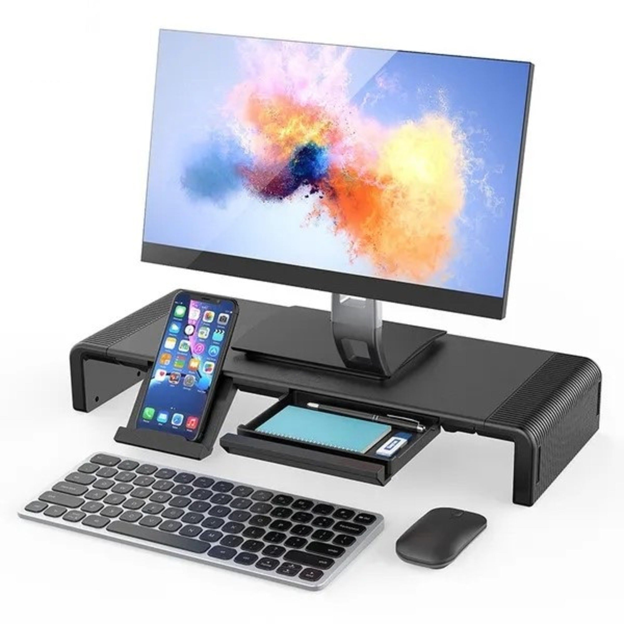 Foldable Monitor Stand with Storage Drawers & Phone Holder, Adjustable Length Computer Riser for Laptop, PC, iMac, Desk Organizer, Space-Saving Desktop Shelf (Black)