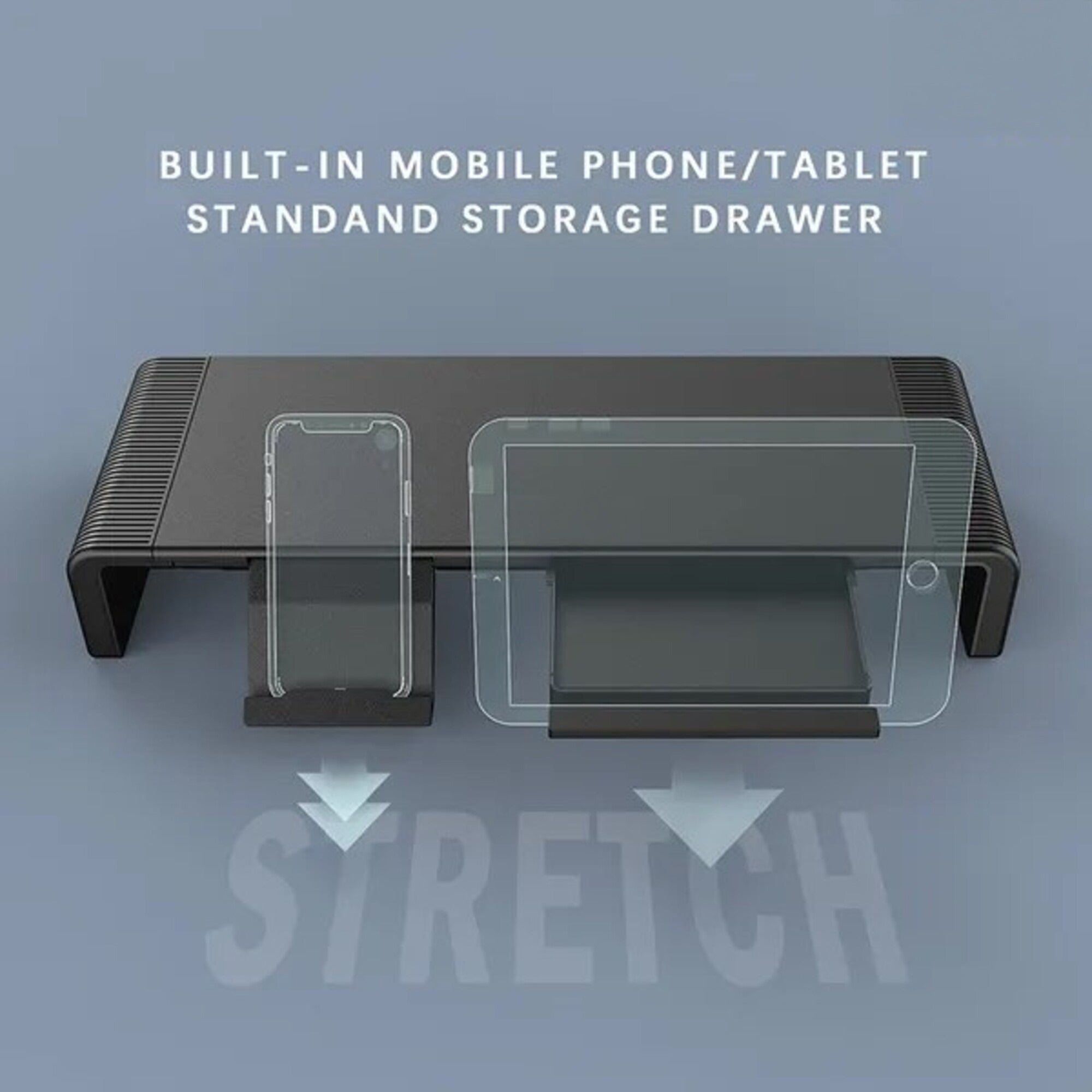 Foldable Monitor Stand with Storage Drawers & Phone Holder, Adjustable Length Computer Riser for Laptop, PC, iMac, Desk Organizer, Space-Saving Desktop Shelf (Black)