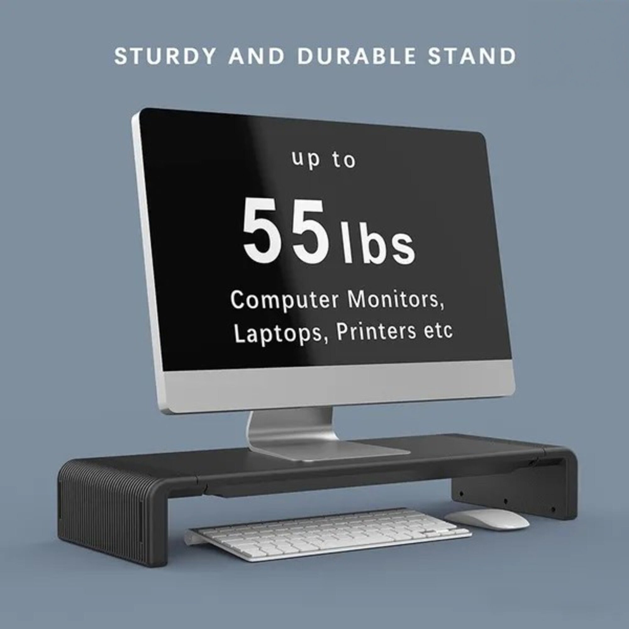 Foldable Monitor Stand with Storage Drawers & Phone Holder, Adjustable Length Computer Riser for Laptop, PC, iMac, Desk Organizer, Space-Saving Desktop Shelf (Black)