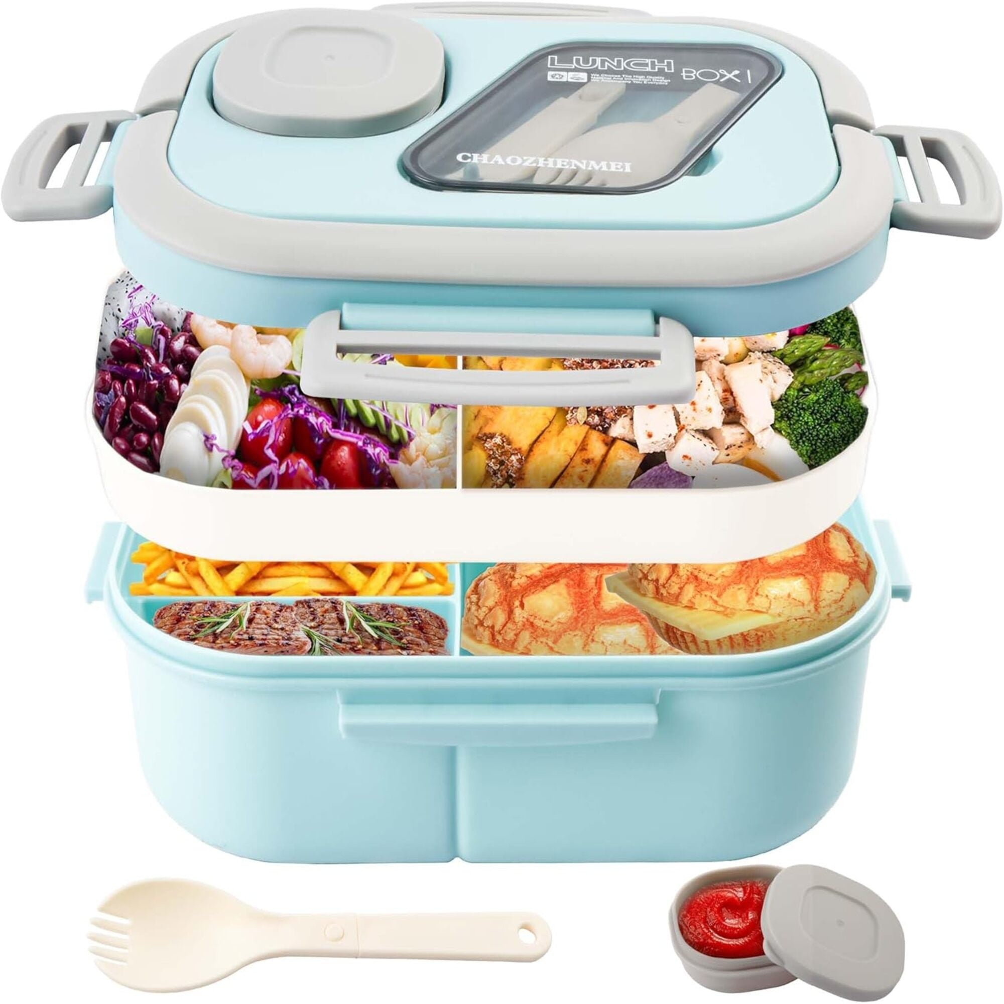 3-Layer Leak-Proof Bento Lunch Box for Adults & Kids, Portable Stackable Food Storage Container with Compartments, Spork & Sauce Cup – Microwave & Dishwasher Safe Model 9038(Blue)