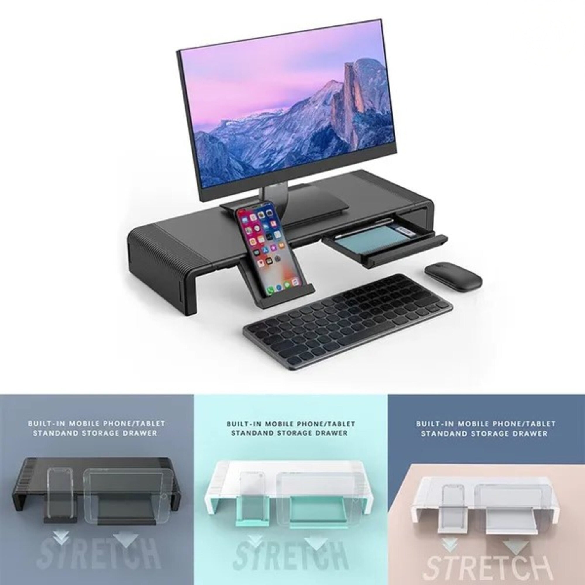 Foldable Monitor Stand with Storage Drawers & Phone Holder, Adjustable Length Computer Riser for Laptop, PC, iMac, Desk Organizer, Space-Saving Desktop Shelf (Black)