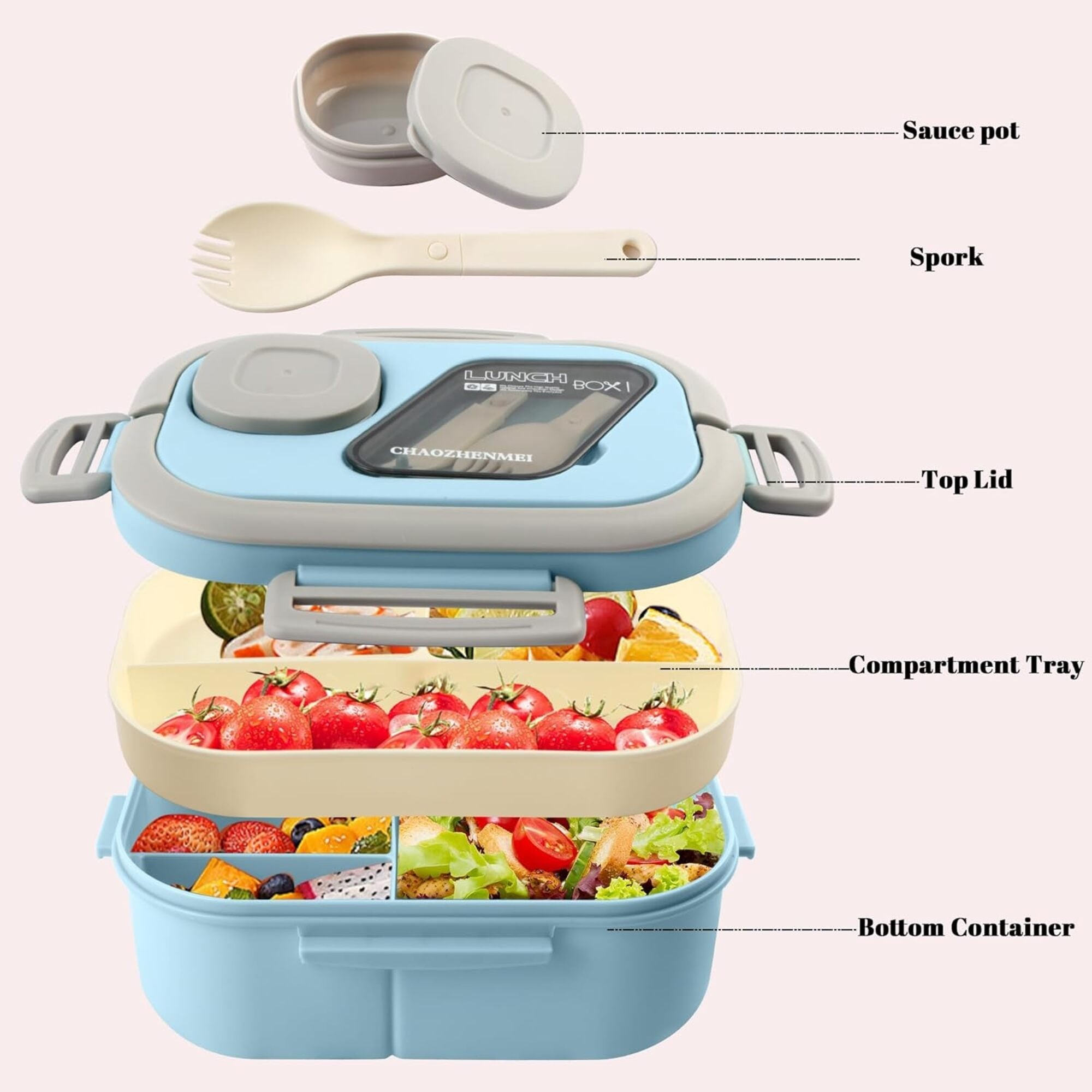 3-Layer Leak-Proof Bento Lunch Box for Adults & Kids, Portable Stackable Food Storage Container with Compartments, Spork & Sauce Cup – Microwave & Dishwasher Safe Model 9038(Blue)