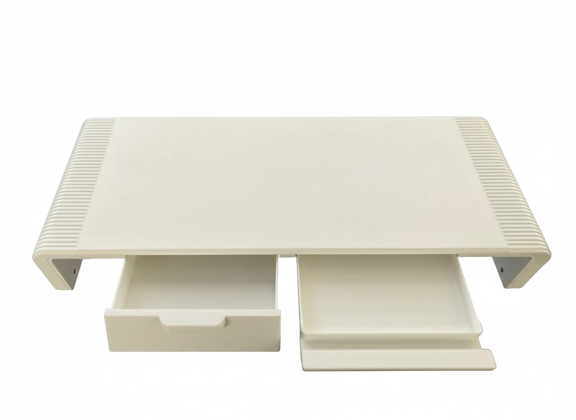 Foldable Monitor Stand with Storage Drawers & Phone Holder, Adjustable Length Computer Riser for Laptop, PC, iMac, Desk Organizer, Space-Saving Desktop Shelf(Beige)