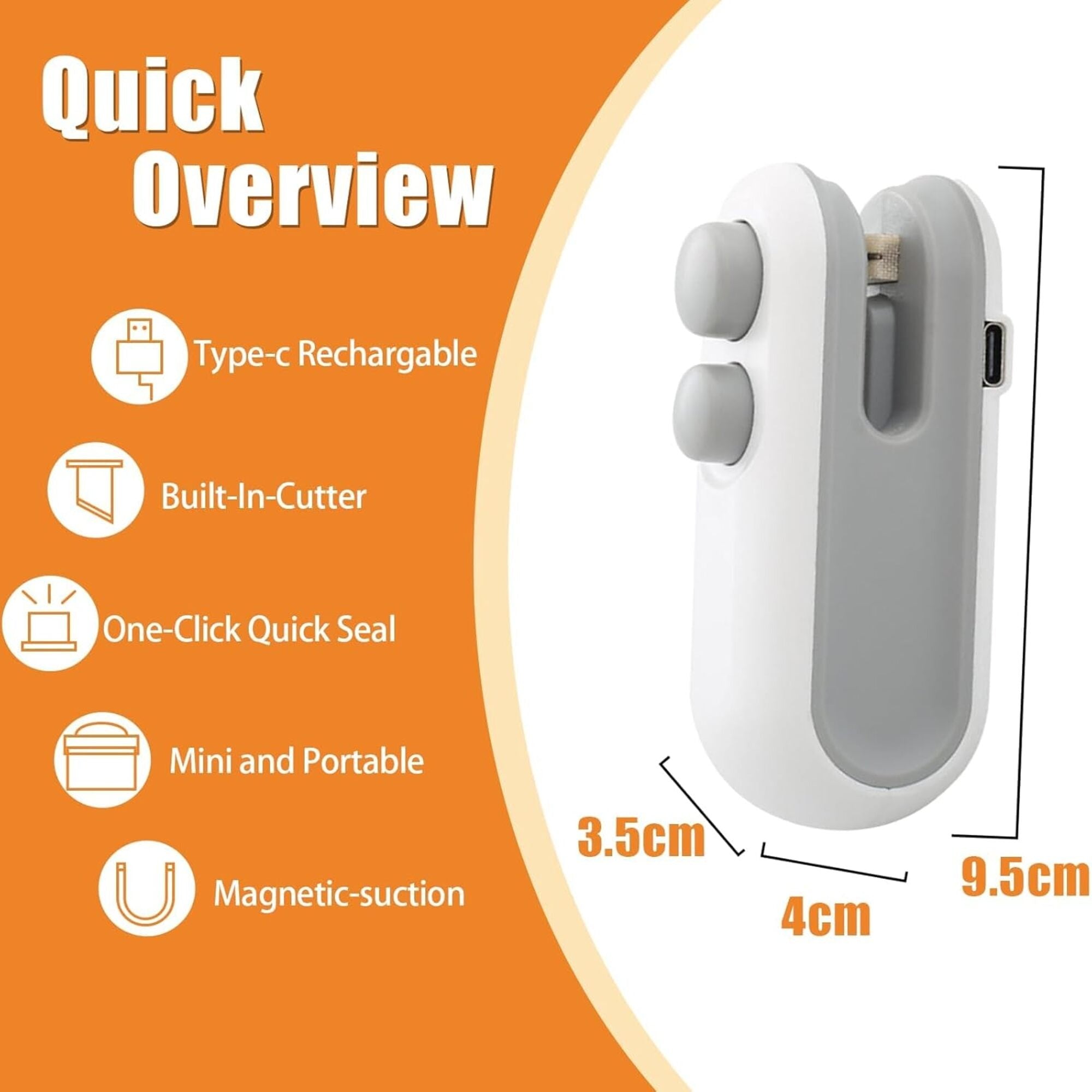 2-in-1 Mini Bag Sealer and Cutter, USB Type-C Rechargeable Heat Sealer for Plastic Bags, Portable Magnetic Food Storage Sealer for Chips, Snacks, Pet Food – White