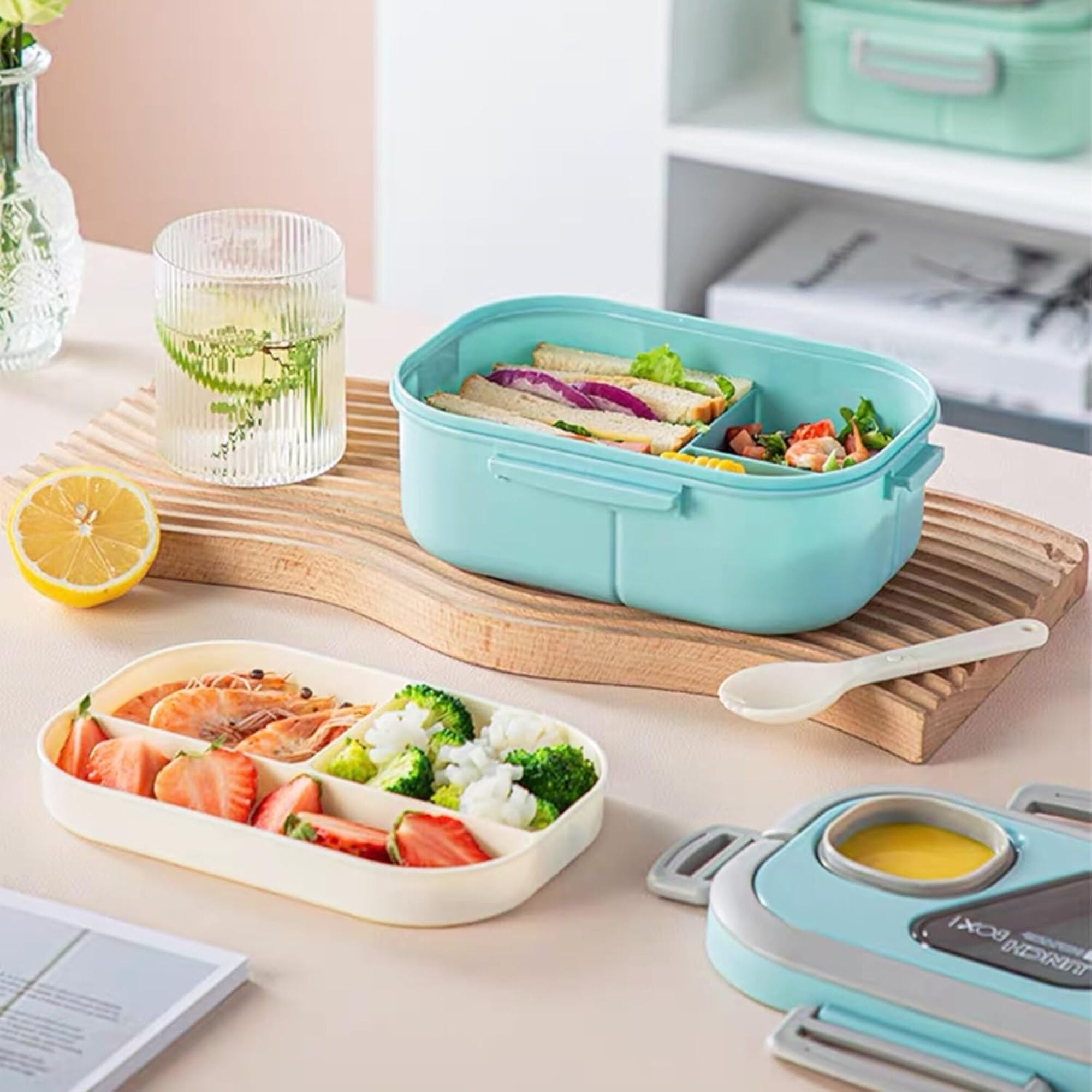3-Layer Leak-Proof Bento Lunch Box for Adults & Kids, Portable Stackable Food Storage Container with Compartments, Spork & Sauce Cup – Microwave & Dishwasher Safe Model 9038(Blue)