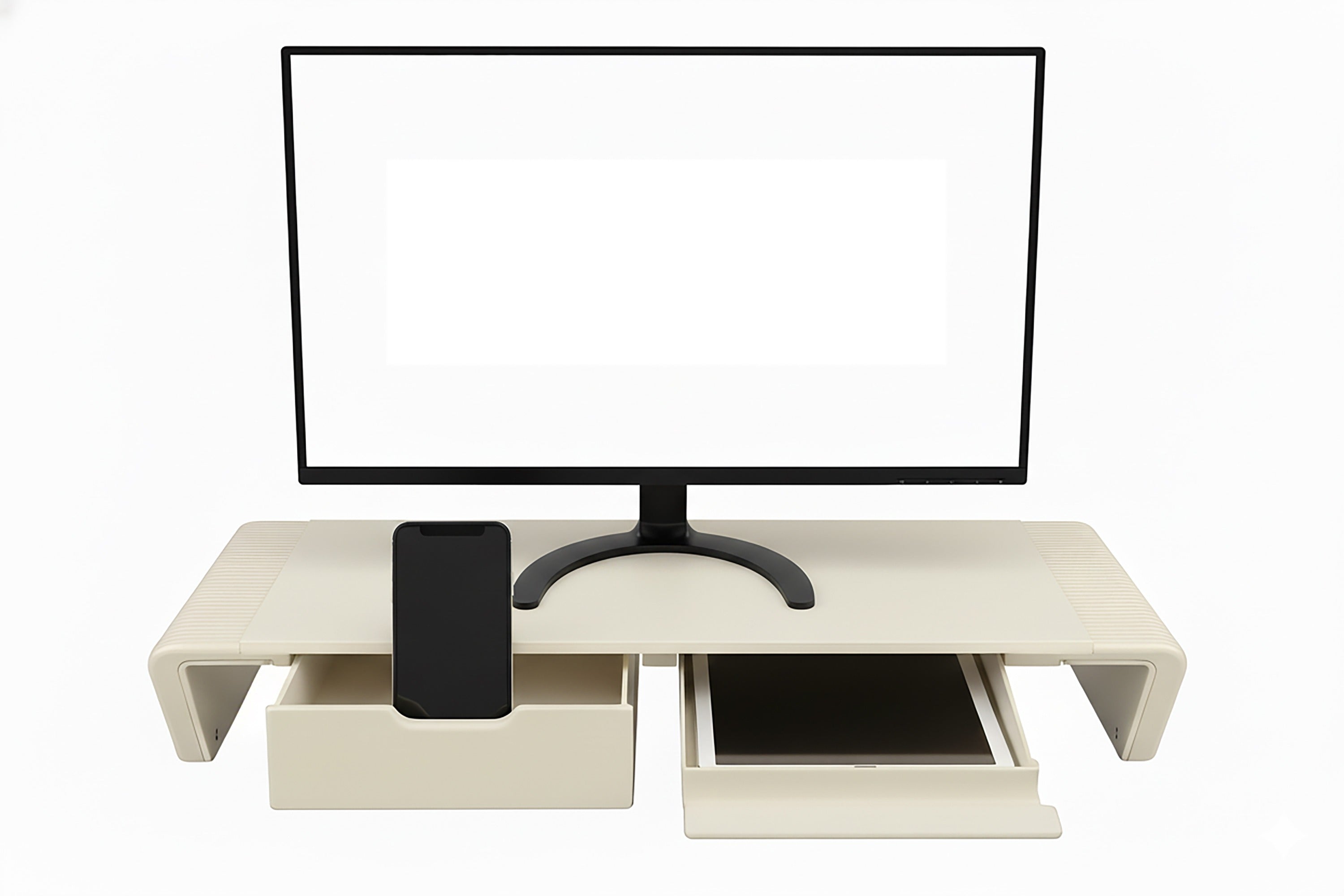 Foldable Monitor Stand with Storage Drawers & Phone Holder, Adjustable Length Computer Riser for Laptop, PC, iMac, Desk Organizer, Space-Saving Desktop Shelf(Beige)