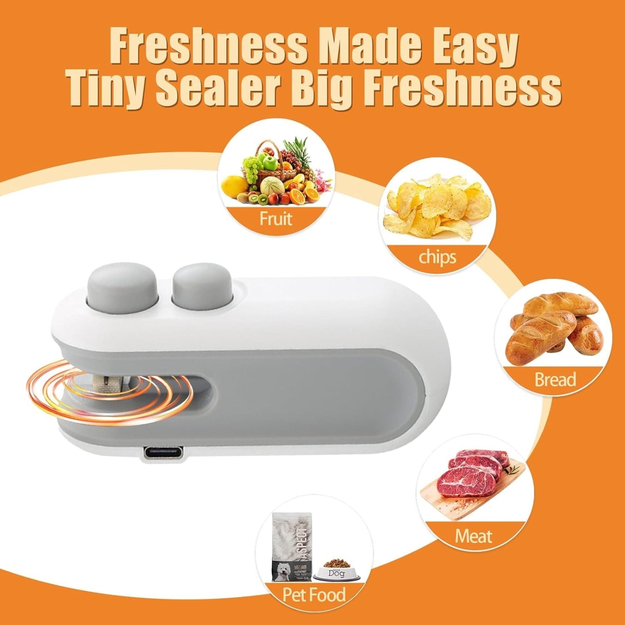 2-in-1 Mini Bag Sealer and Cutter, USB Type-C Rechargeable Heat Sealer for Plastic Bags, Portable Magnetic Food Storage Sealer for Chips, Snacks, Pet Food – White