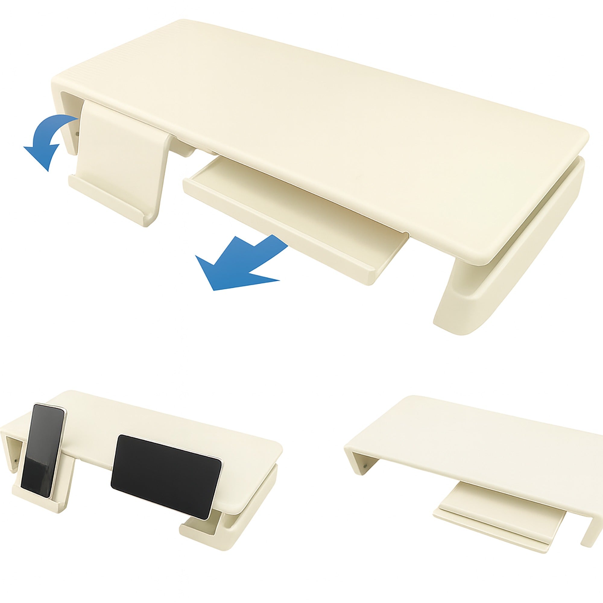 Foldable Monitor Stand with Storage Drawers & Phone Holder, Adjustable Length Computer Riser for Laptop, PC, iMac, Desk Organizer, Space-Saving Desktop Shelf(Beige)