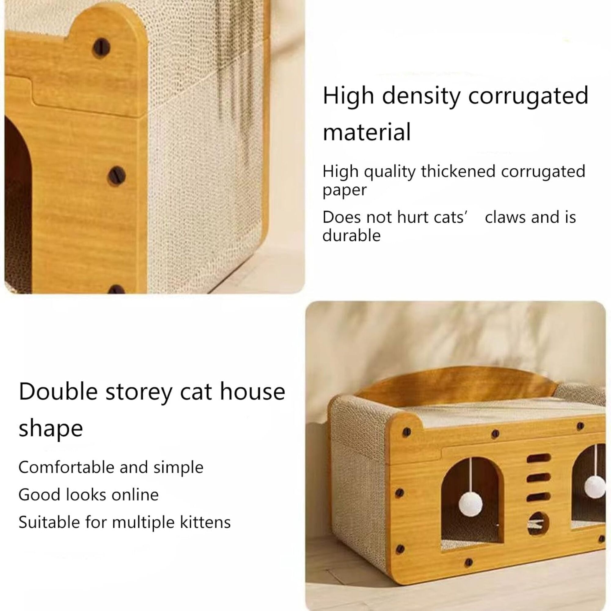Double-Layer Cat House with Scratching Surface and Plush Balls, Multi-Level Cat Condo Bed, Durable Corrugated Paper Cat Furniture for Indoor Cats, 48×24×54 cm