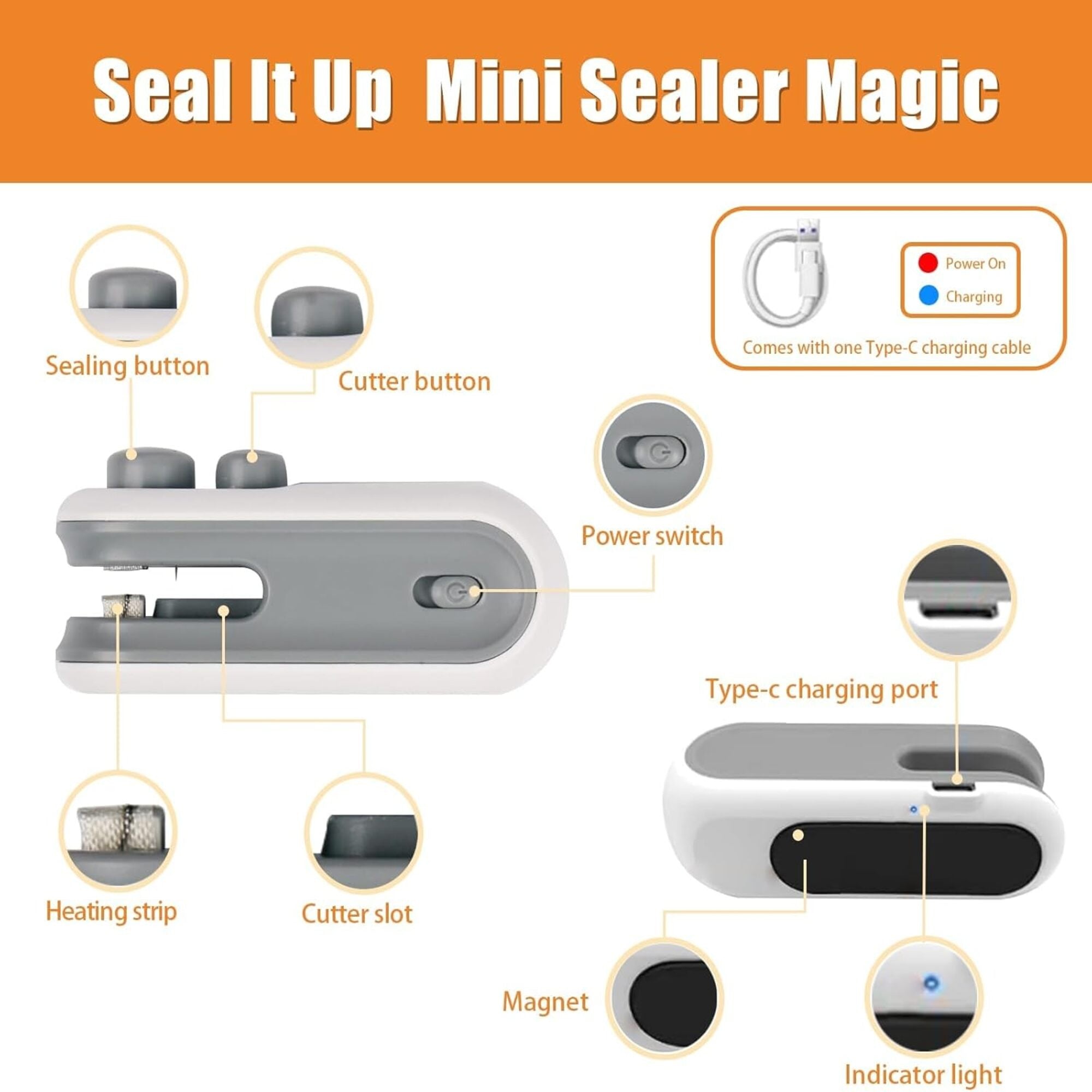 2-in-1 Mini Bag Sealer and Cutter, USB Type-C Rechargeable Heat Sealer for Plastic Bags, Portable Magnetic Food Storage Sealer for Chips, Snacks, Pet Food – White