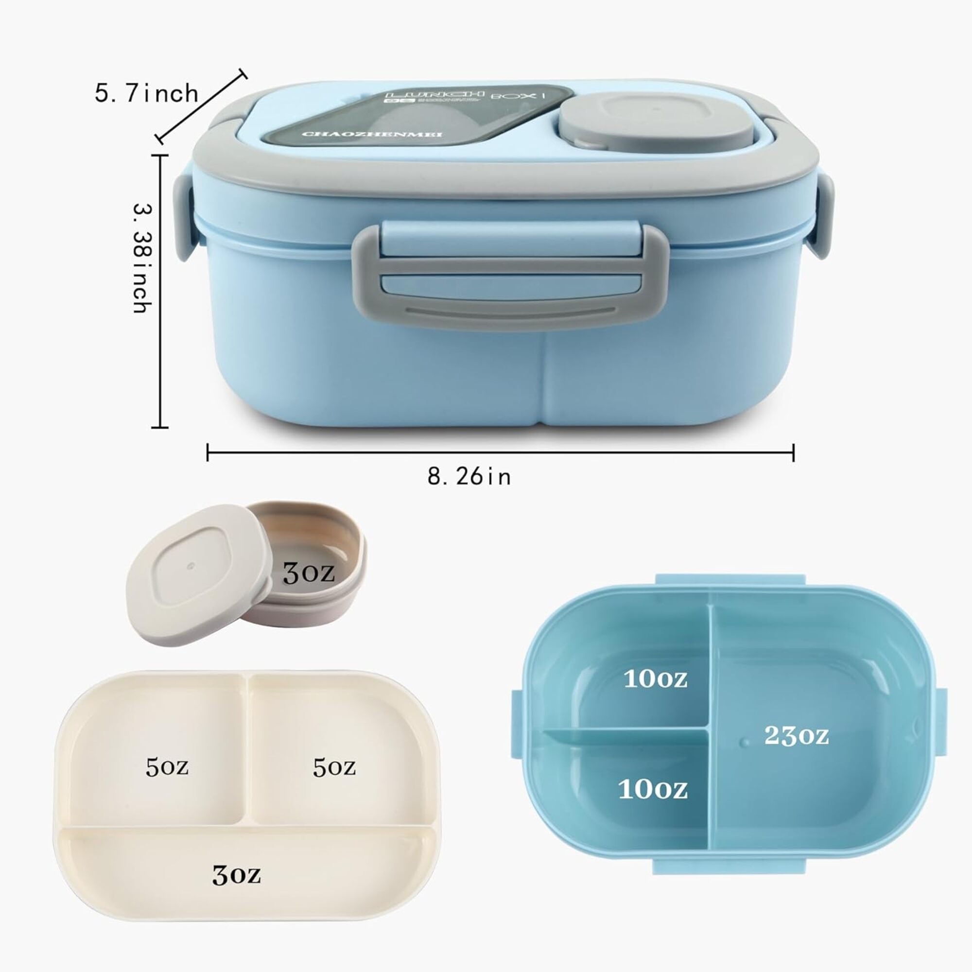 3-Layer Leak-Proof Bento Lunch Box for Adults & Kids, Portable Stackable Food Storage Container with Compartments, Spork & Sauce Cup – Microwave & Dishwasher Safe Model 9038(Blue)