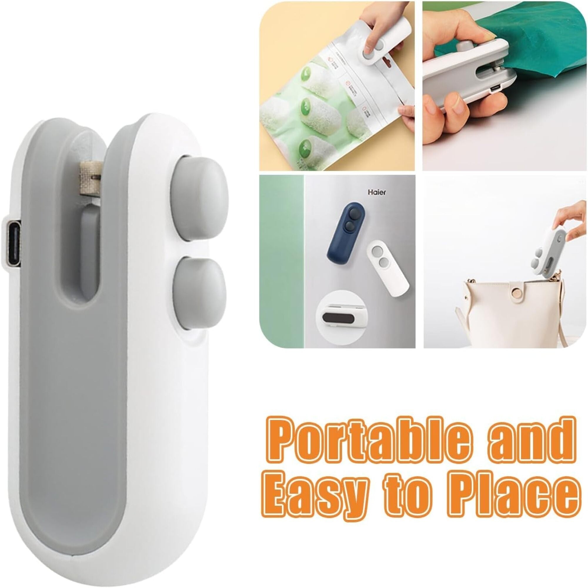 2-in-1 Mini Bag Sealer and Cutter, USB Type-C Rechargeable Heat Sealer for Plastic Bags, Portable Magnetic Food Storage Sealer for Chips, Snacks, Pet Food – White