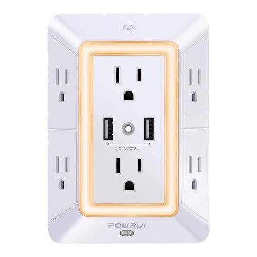 POWRUI 6-Outlet Extender with 2 USB Ports (2.4A Total) and Night Light - Toytexx