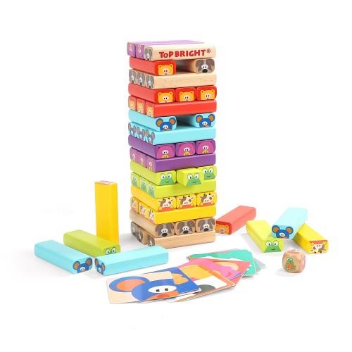 TOPBRIGHT 51PC Cartoon Animal Stacking Blocks Game, Colored Wooden Blocks Set with Dice, 24 Cards for Children Kids Ages 3+ - Toytexx
