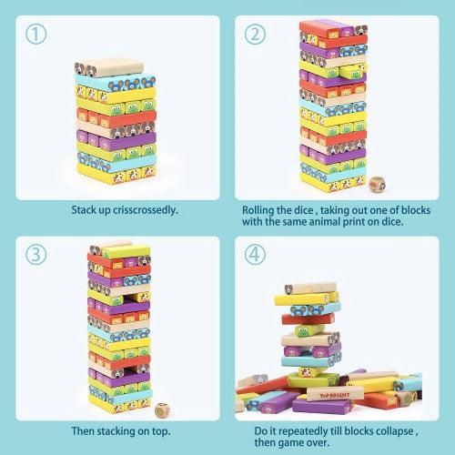 TOPBRIGHT 51PC Cartoon Animal Stacking Blocks Game, Colored Wooden Blocks Set with Dice, 24 Cards for Children Kids Ages 3+ - Toytexx