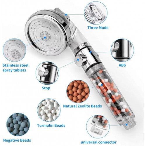 Handheld High Pressure Showerhead with Mineral Stone Beads Filter, Eco-Stop Button, 3 Spray Modes - Toytexx