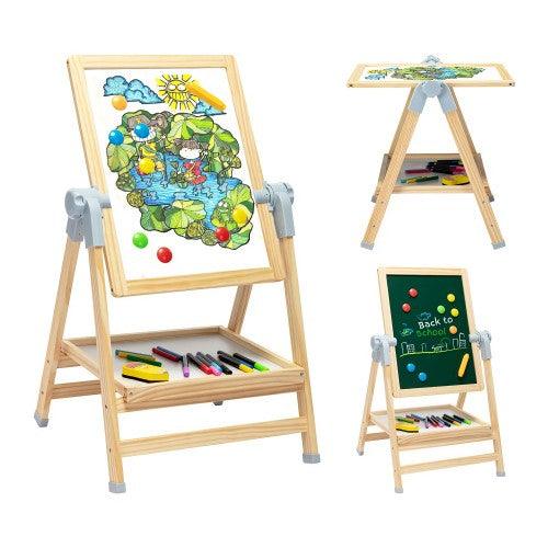Wooden Art Easel Double-Sided Whiteboard & Chalkboard Adjustable 360°Rotating Drawing Board with Art Supplies for Kids - T120 - Toytexx