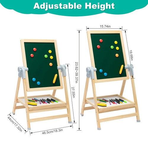 Wooden Art Easel Double-Sided Whiteboard & Chalkboard Adjustable 360°Rotating Drawing Board with Art Supplies for Kids - T120 - Toytexx