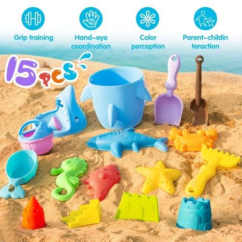 14PCS Sand Toys Beach Set Toy Shark Bucket Pail with Sand Filter for Children Kids Outdoor Play - Toytexx