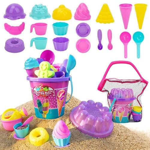 24 PCS Beach Sand Toy Set with Ice Cream Food Molds, Bucket, Mesh Bag - Toytexx