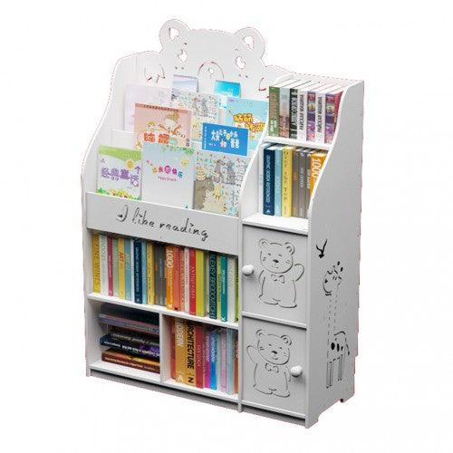 Childrens Kids Cartoon Engraved Bookshelf Organizer with Storage Rack Cabinets - White - Toytexx