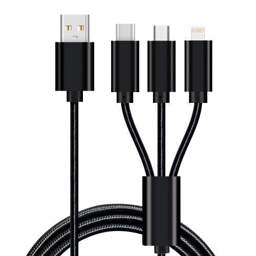 3 in 1 Phone Data Cable, USB Charging Cable with Lightning, USB-C and Micro USB Braided Cable (1.2M) - Toytexx
