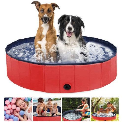 160 x 30 cm Portable Dog Kiddie Swimming Pool , PVC Foldable Non-Slip Bathtub for Small to Large Dogs Pets (Red) - Toytexx