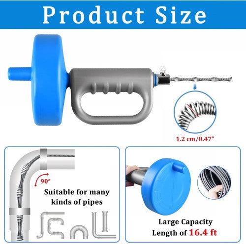 Plumbing Snake Drain Auger, 5M Snake Drain Hair Removal Tool with Stainless Steel Cleaner for Bathtub Drain, Sink, Kitchen and Shower - Toytexx