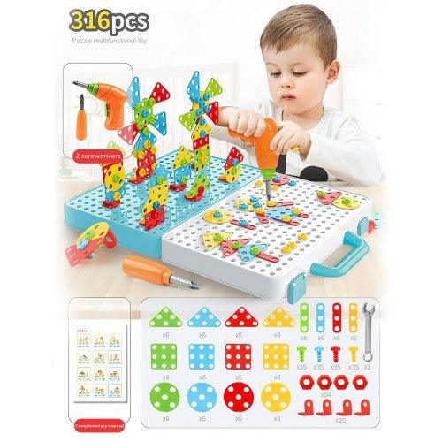 316 PCS Drill Tool Toy Set, DIY Creative 2D/3D Puzzle Peg Board, Construction Engineering Building Blocks STEM Learning Kit for Children Kids Ages 3+ - Toytexx