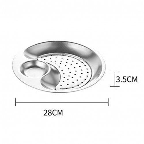 Multifunctional Stainless Steel Plate with Dipping Saucer Round Double-layer Water Oil Draining Tray 28cm - Toytexx