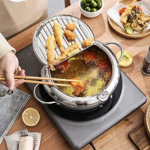 3.4L Tempura Deep Frying Pot, 304 Stainless Steel Deep Fryer Pot with Thermometer, Oil Draining Rack for Tempura, Fries, Fish, Chicken - Toytexx