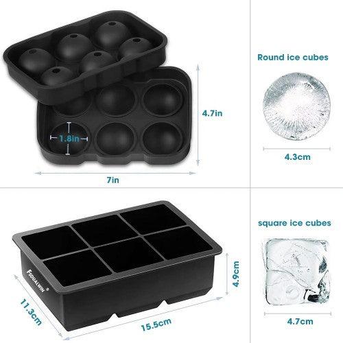 2 Pack Silicone Ice Cube Trays Mold, Round Sphere Ice Ball with Lid ; Large Square Ice Cube Mold (Black) - Toytexx