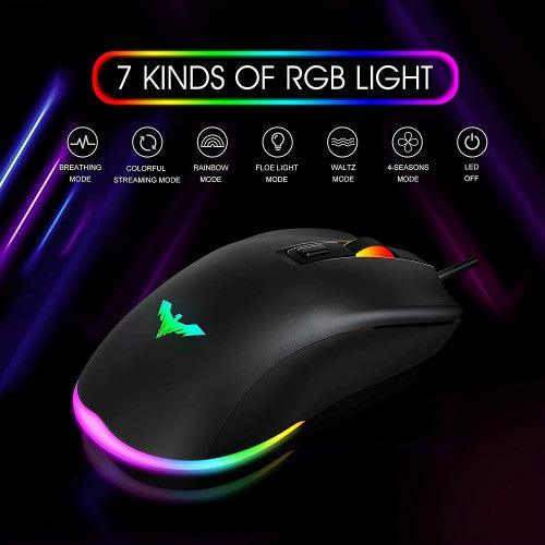 HV-KB558CM Rainbow LED Backlit USB Gaming Keyboard and Mouse Combo, 104 Keys, 4800 DPI Mouse - Toytexx