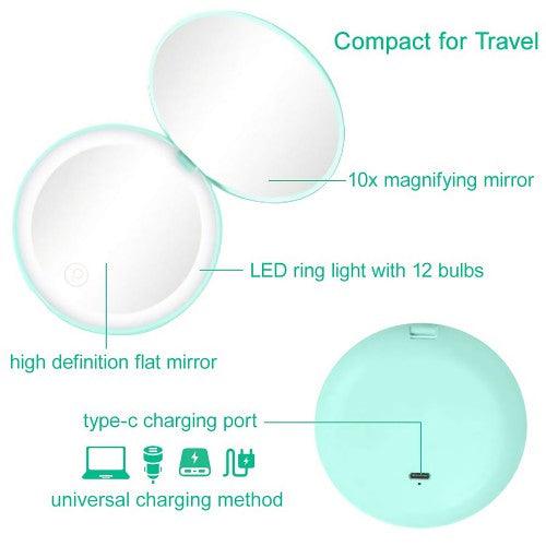 Portable Travel Mirror with LED Light,1x/10x Magnification Compact Mirror, 2-Sided Illuminated Folding Round Mirror - Toytexx