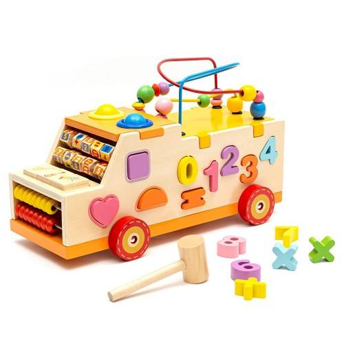 Kids Early Educational Toys, Wooden Shape Sorter Truck with Bead Maze, Numbers, Shapes, Hammer Bench, Abacus for Toddlers Ages 3+ - Toytexx