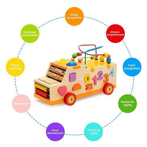 Kids Early Educational Toys, Wooden Shape Sorter Truck with Bead Maze, Numbers, Shapes, Hammer Bench, Abacus for Toddlers Ages 3+ - Toytexx