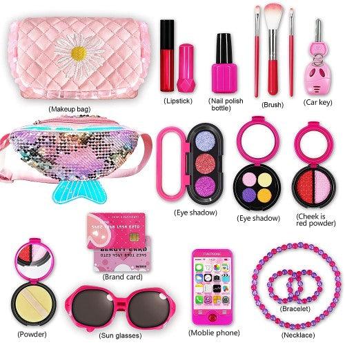 22PC Pretend Roleplay Makeup Kit with 2 Cosmetic Bags, Phone, Eyeshadow, Blush, Lipstick, Sunglasses for Children Kids Girls Ages 3+ - Toytexx