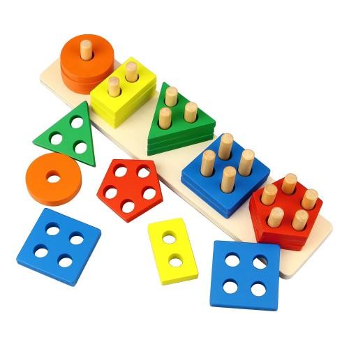 25 PCS Wooden Educational Toy Set, 5-Column Shape Matching Color Sorting Stacking Blocks - Toytexx