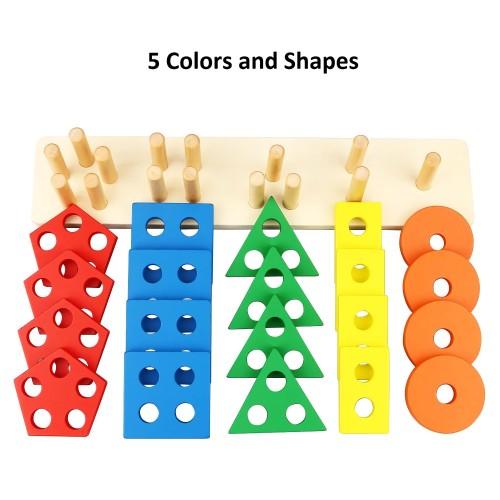 25 PCS Wooden Educational Toy Set, 5-Column Shape Matching Color Sorting Stacking Blocks - Toytexx