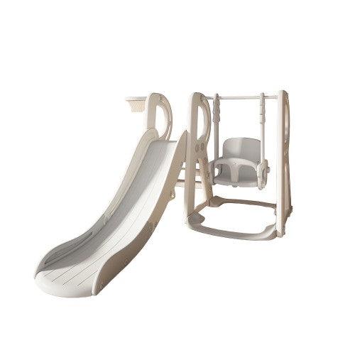 5-in-1 Kids Slide and Swing Set with Adjustable Hoop, Soccer Goal, Golf Hole for Indoor, Outdoor (White) - Toytexx