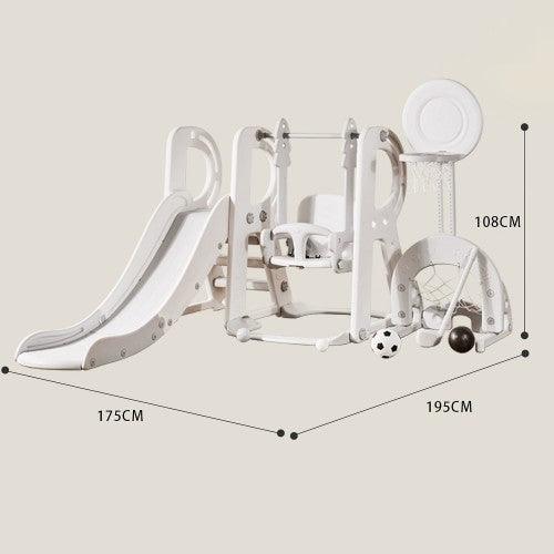 5-in-1 Kids Slide and Swing Set with Adjustable Hoop, Soccer Goal, Golf Hole for Indoor, Outdoor (White) - Toytexx