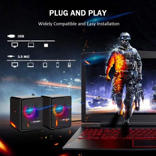 Mini PC Speakers, Stereo Mini USB Speakers with RGB LED Lighting, Portable Sound Boxes, 3.5 mm Jack for Desktop Laptop Smartphone - AS06 - Toytexx