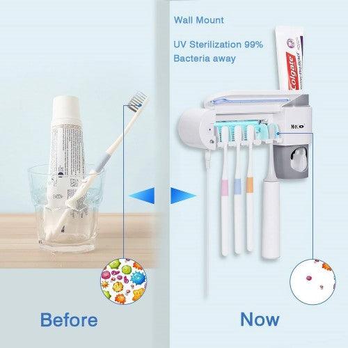 UV Toothbrush Holder, Toothpaste Dispenser with 5 Toothbrush Sterilizer Holder Wall For Household Bathroom - Toytexx