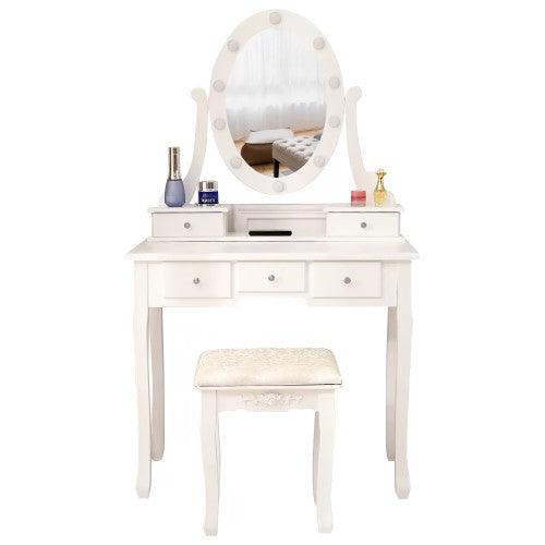 Makeup Vanity Set, Dressing Table with Cushioned Stool, 360-Degree Rotating Mirror w/ LED Lights, 2 Storage Boxes, 3 Drawers (White)_MSW - Toytexx
