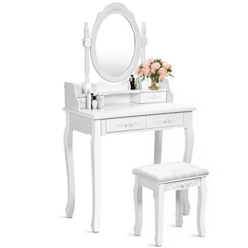 Makeup Vanity Set, Dressing Table with Cushioned Stool, 360-Degree Rotating Mirror, 4 Drawers for Cosmetics, Jewelry - 2871-MSW - Toytexx