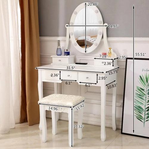 Makeup Vanity Set, Dressing Table with Cushioned Stool, 360-Degree Rotating Mirror w/ LED Lights, 2 Storage Boxes, 3 Drawers (White)_MSW - Toytexx
